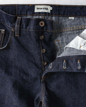 material shot of the buttons on The Straight Jean in Rinsed Yoshiwa Selvedge, Bottoms by Taylor Stitch