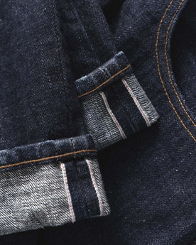 material shot of the cuffs on The Straight Jean in Rinsed Yoshiwa Selvedge, Bottoms by Taylor Stitch