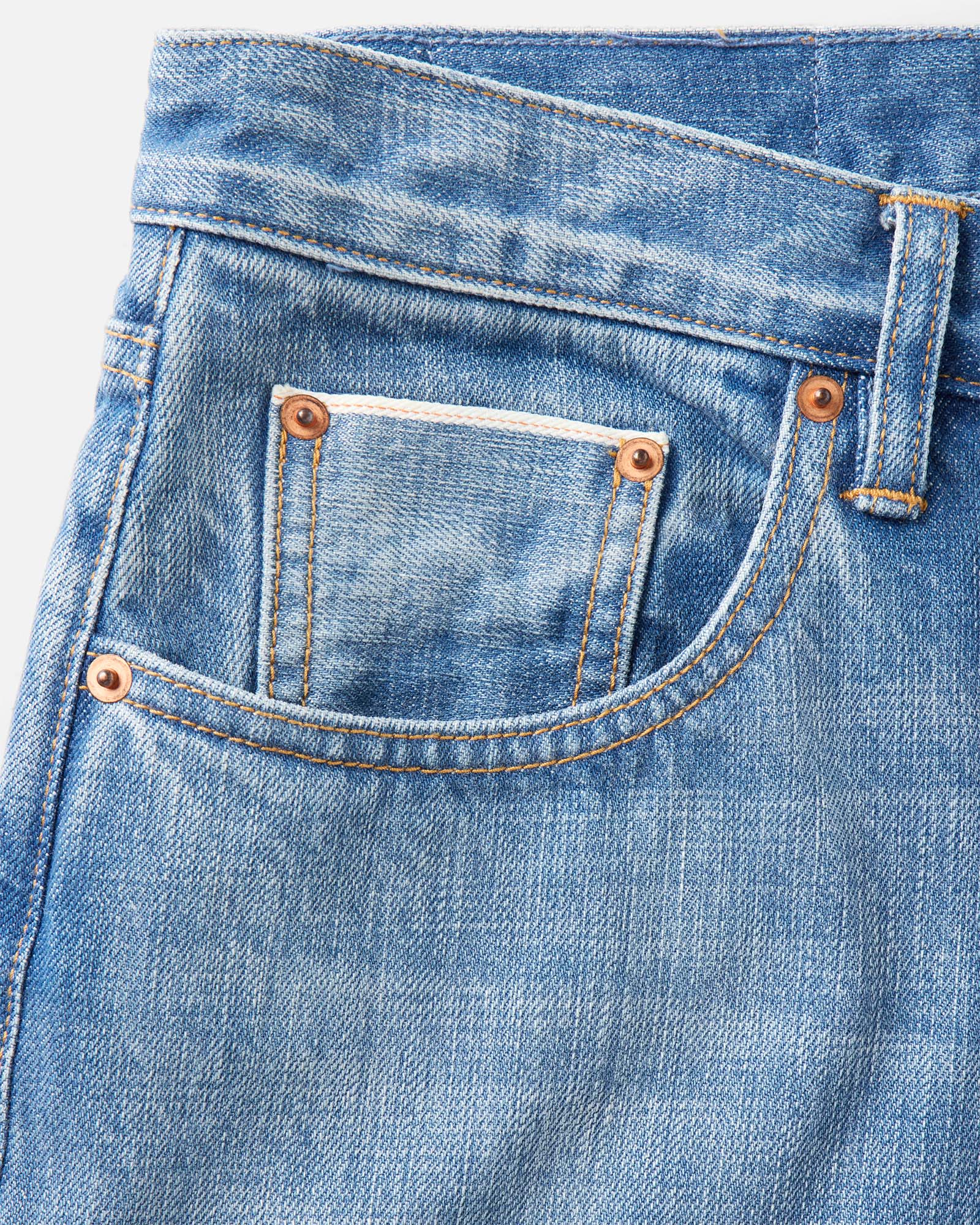 material shot of the pocket on The Straight Jean in Light Wash Organic Selvedge, Bottoms by Taylor Stitch