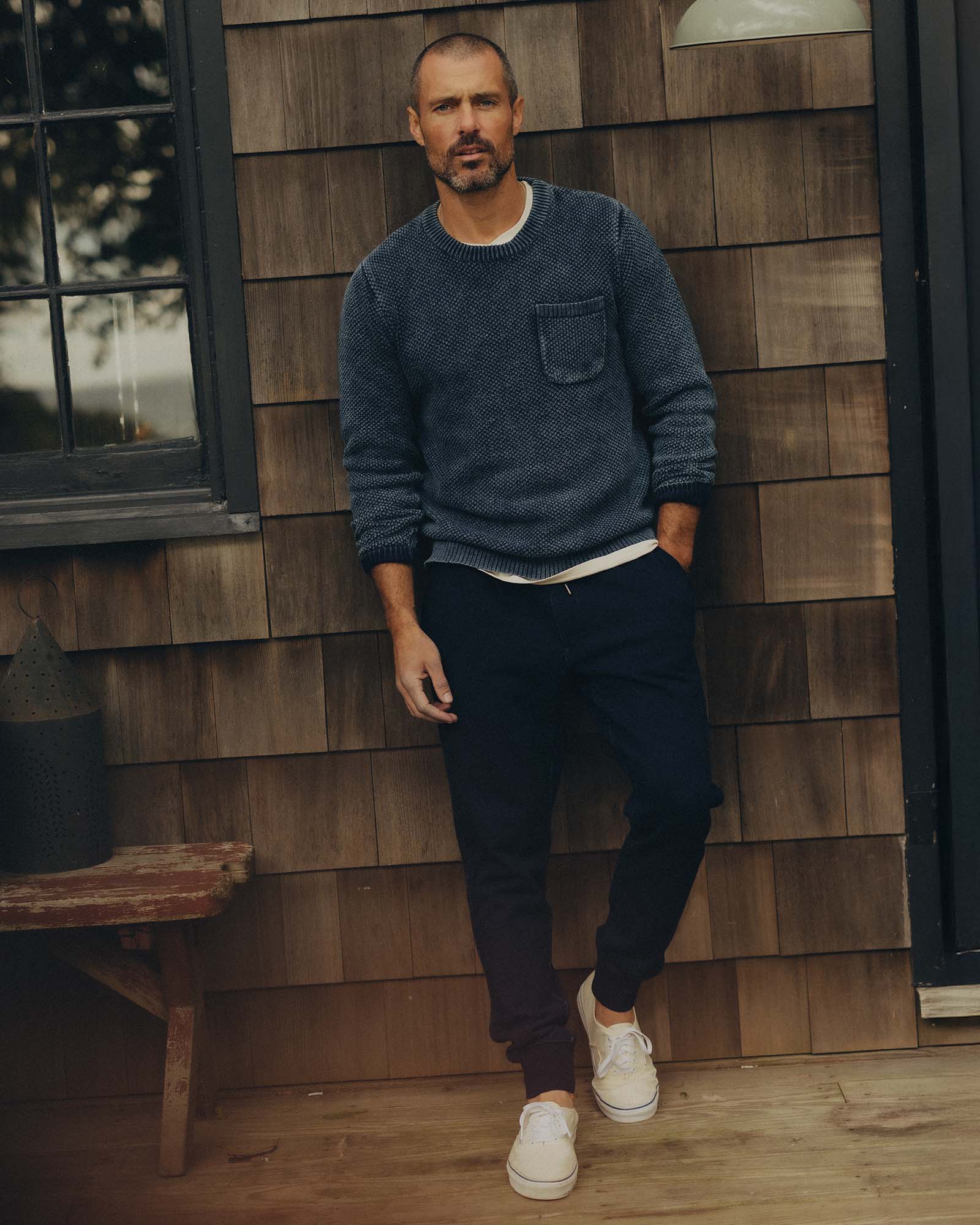 fit model showing off The Sunset Pant in Rinsed Indigo Terry, Bottoms by Taylor Stitch