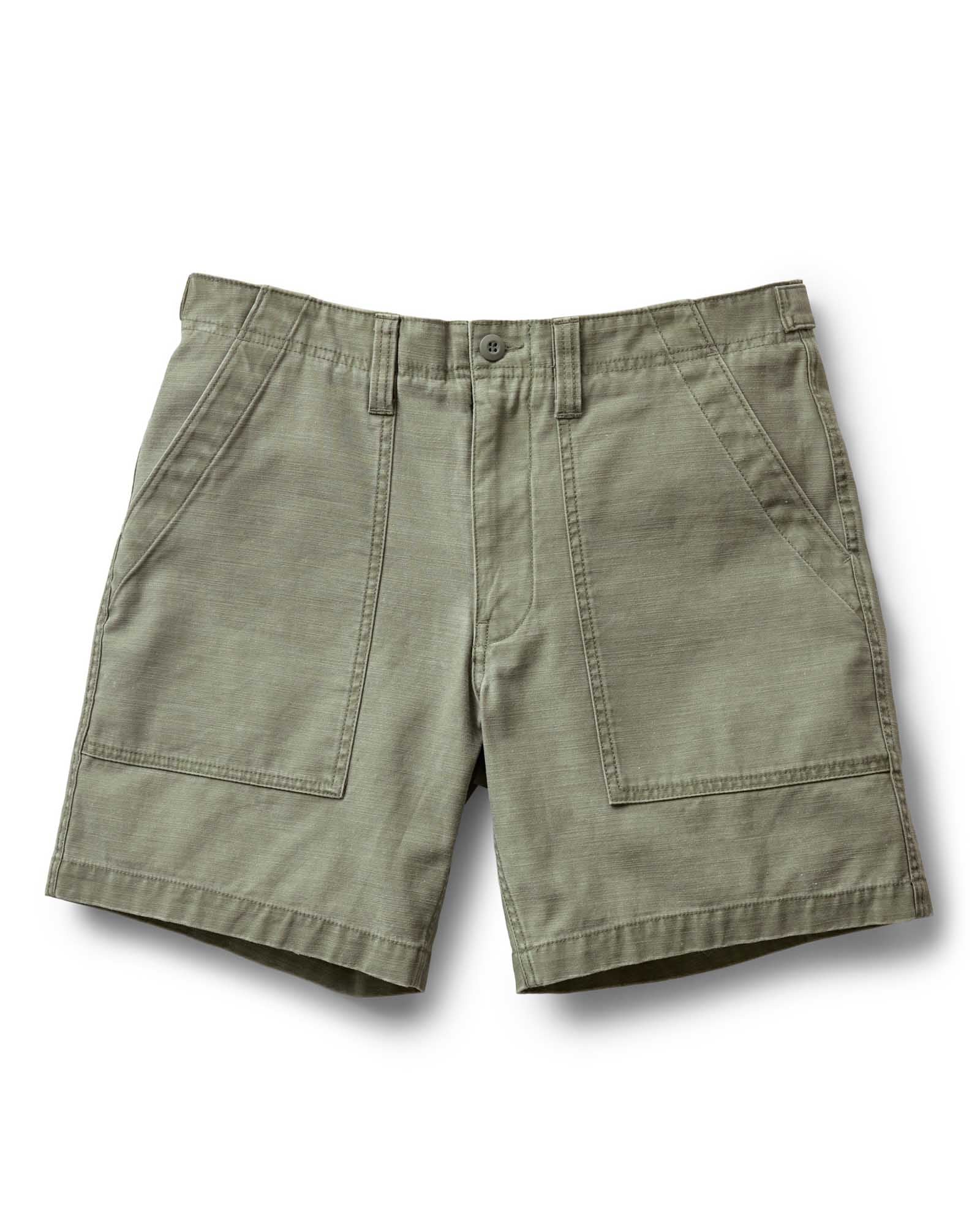 flatlay of The Surplus Short in Field Olive Reverse Sateen, Bottoms by Taylor Stitch