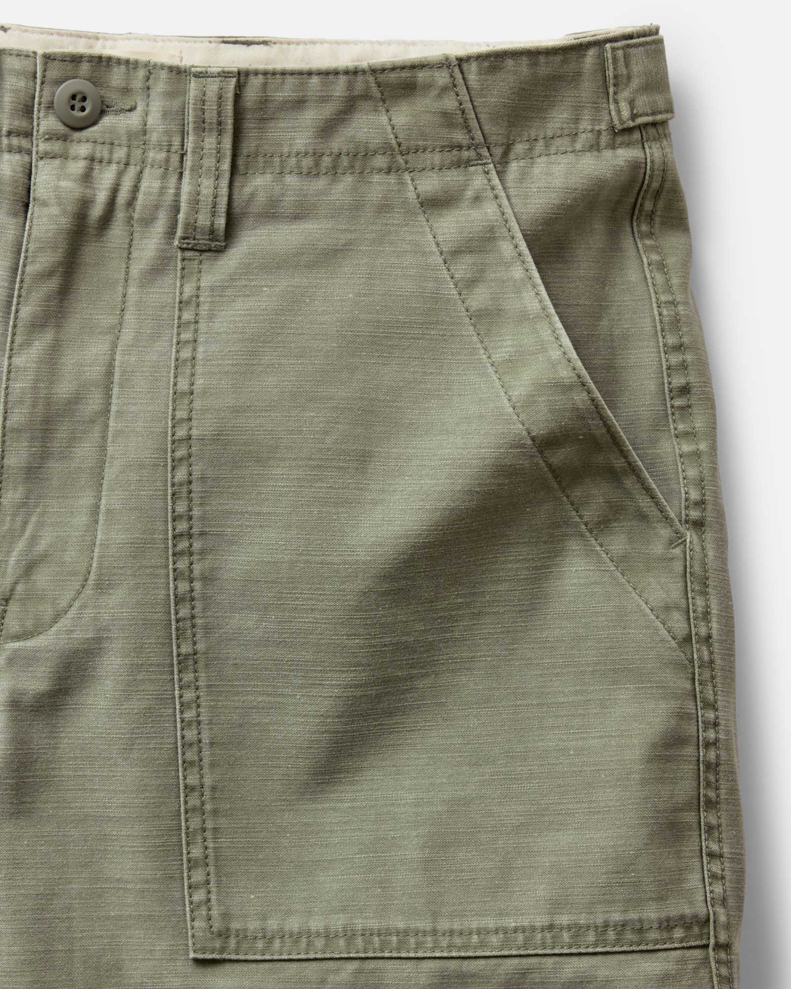 material shot of the pocket on The Surplus Short in Field Olive Reverse Sateen, Bottoms by Taylor Stitch