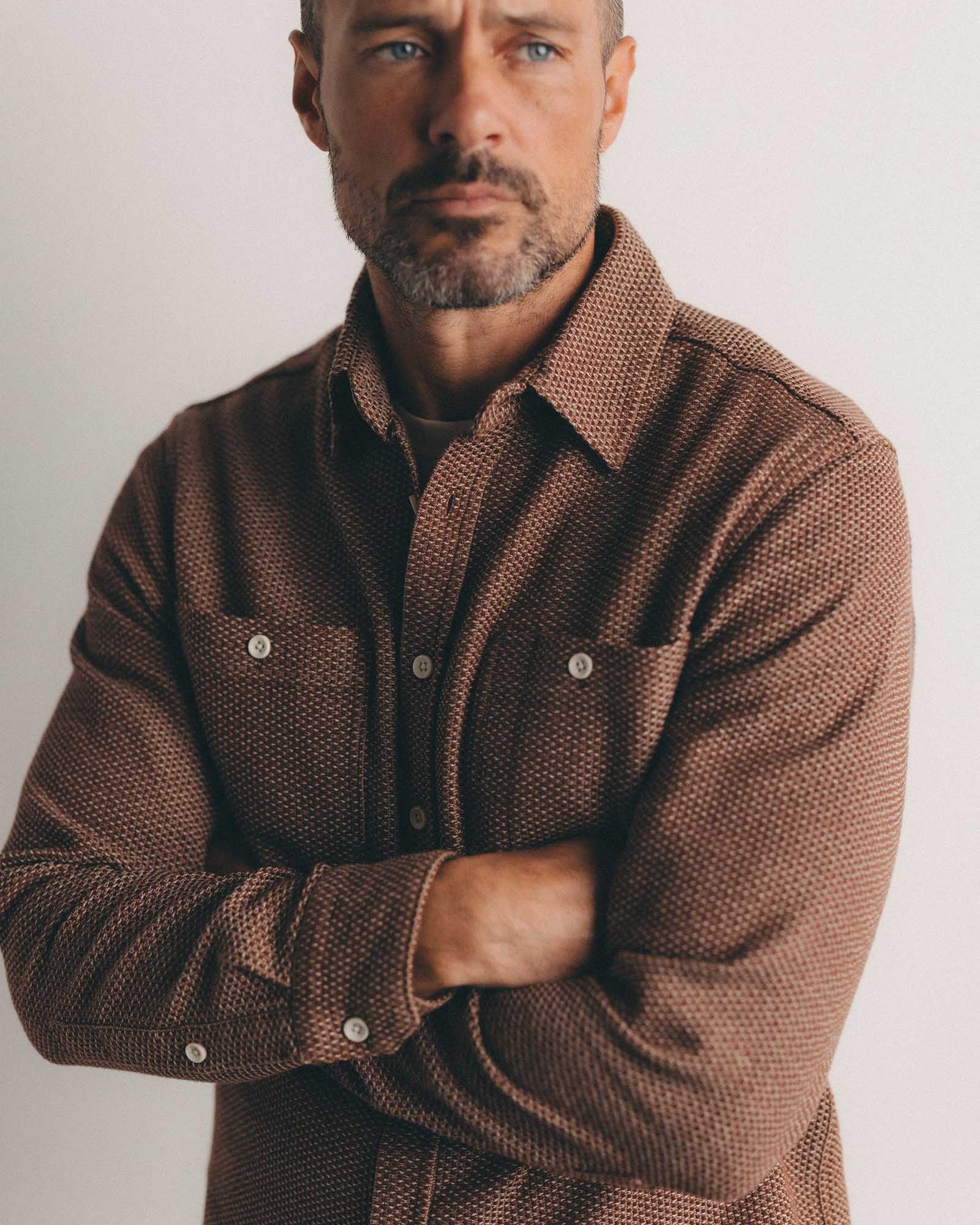 fit model posing in The Utility Shirt in Brick Sashiko, Wovens by Taylor Stitch