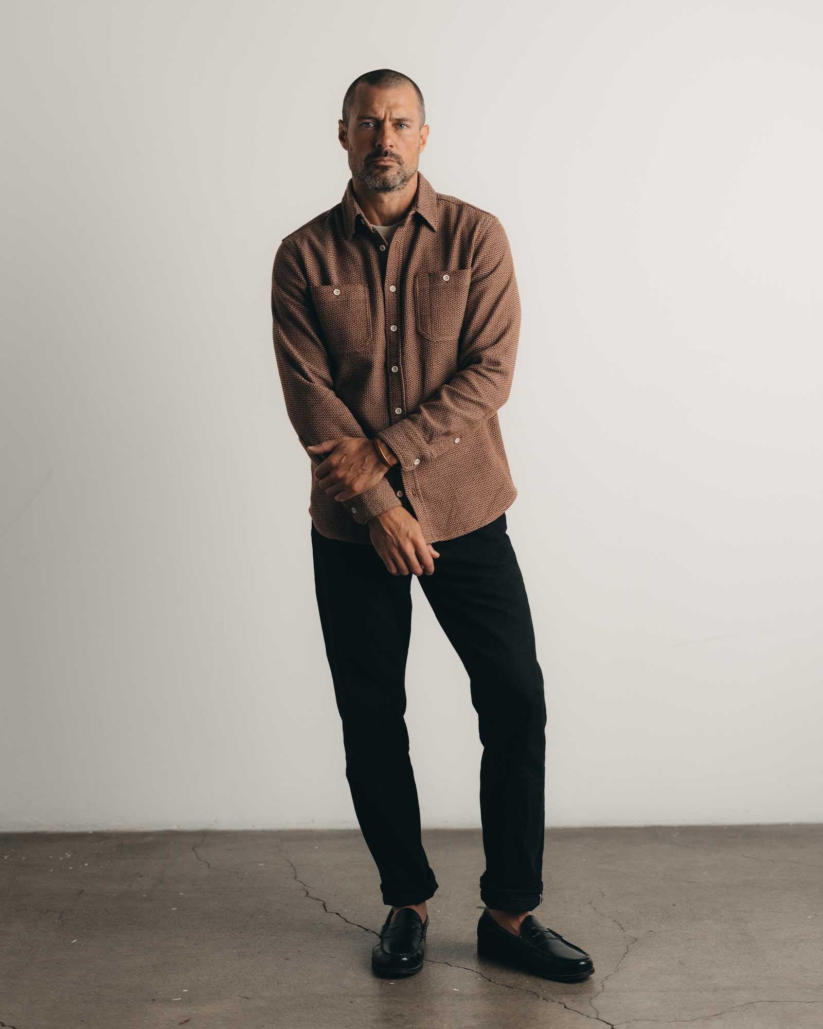 fit model showing off The Utility Shirt in Brick Sashiko, Wovens by Taylor Stitch