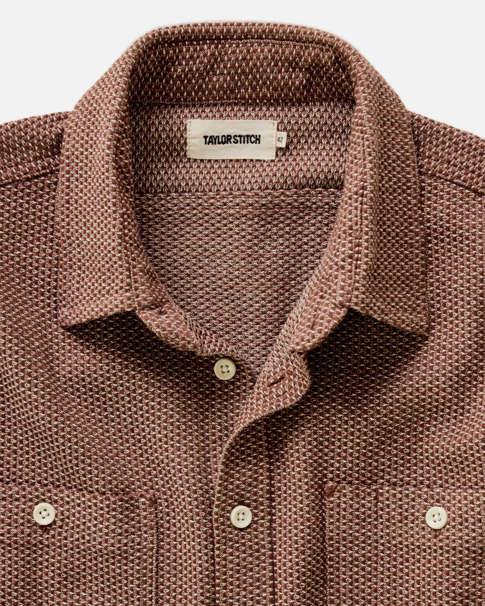 material shot of the collar on The Utility Shirt in Brick Sashiko, Wovens by Taylor Stitch