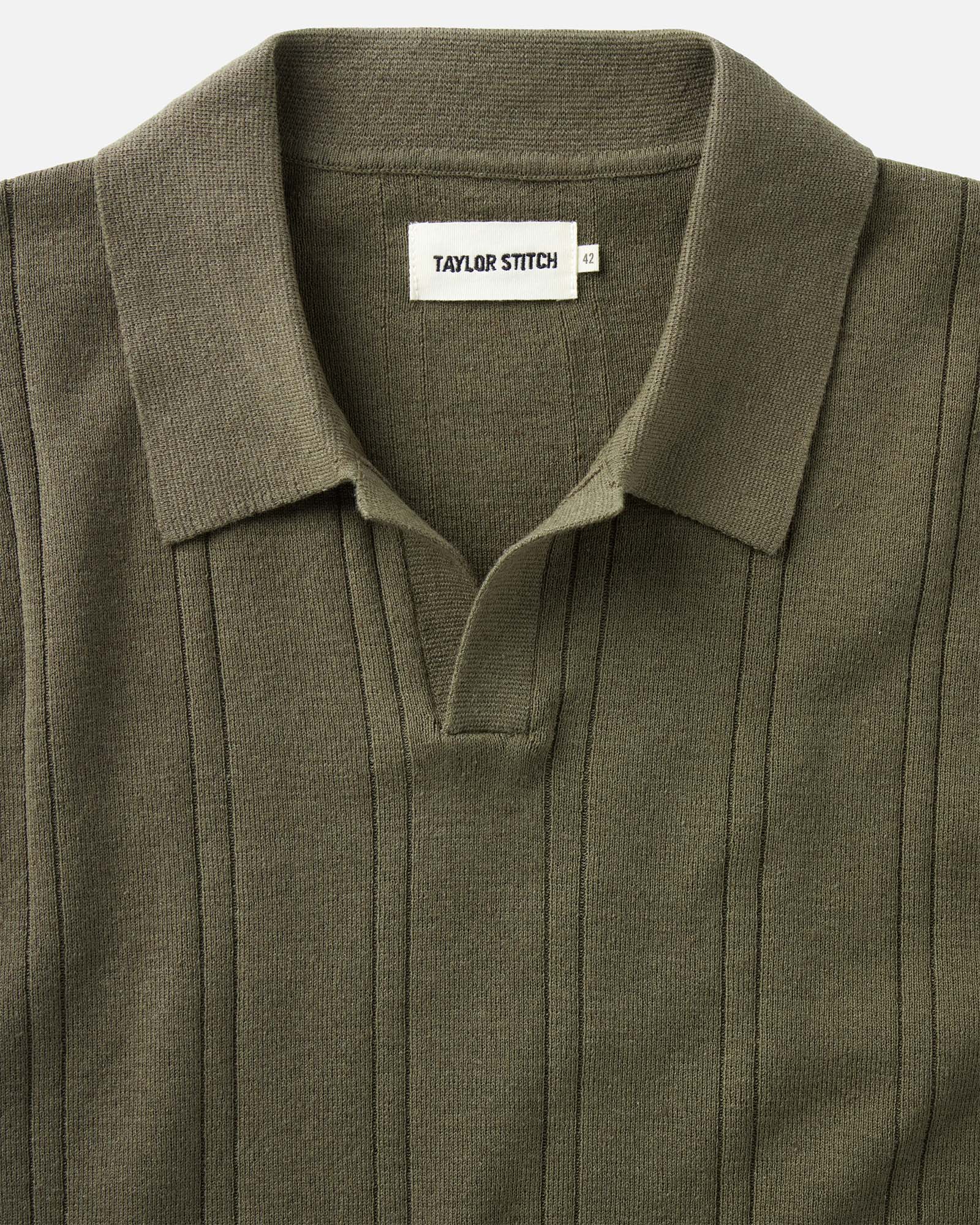 material shot of the collar on The Valencia Sweater Polo in Heather Cilantro Rib, Knits by Taylor Stitch