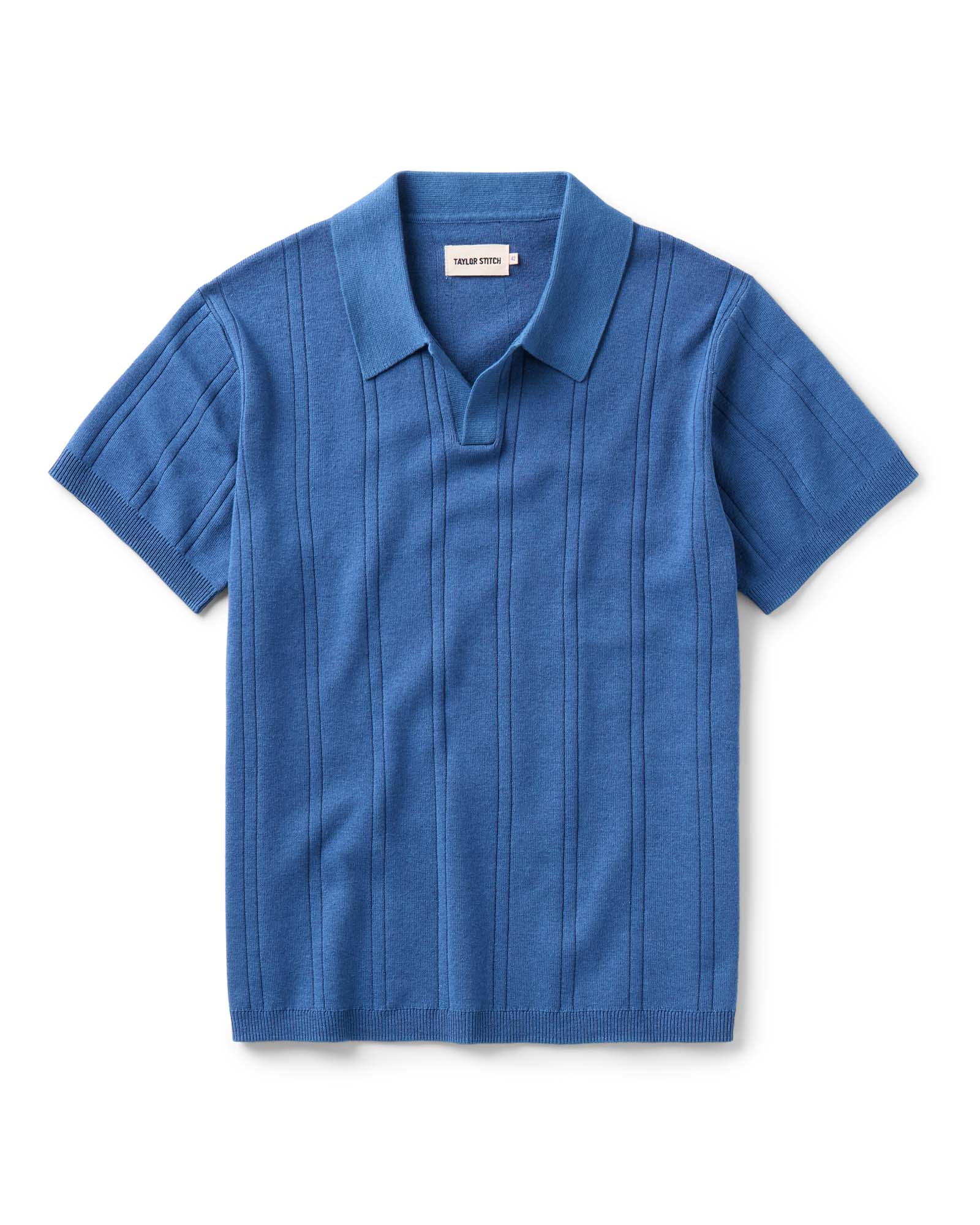 flatlay of The Valencia Sweater Polo in Heather Clear Blue Rib, Knits by Taylor Stitch