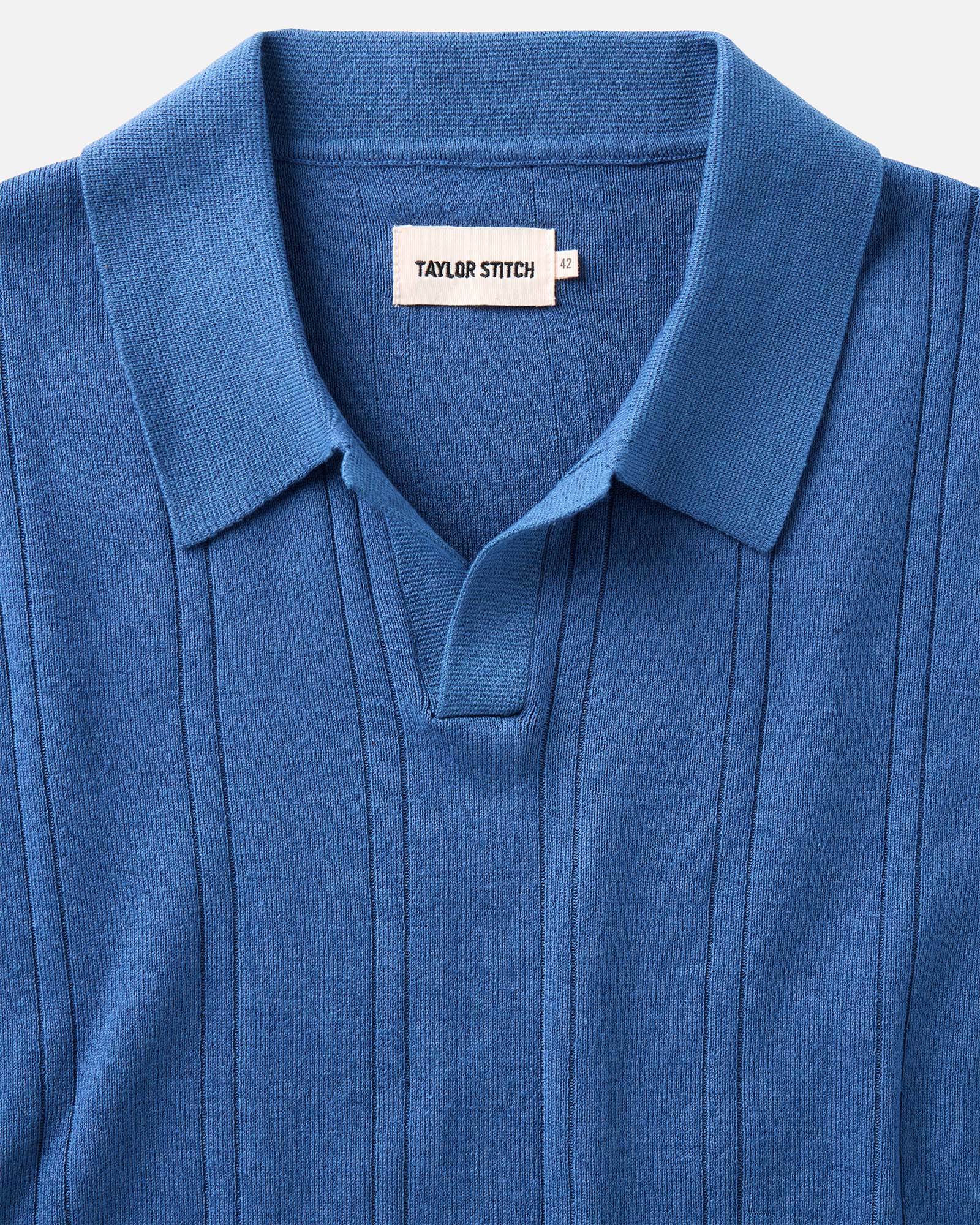 material shot of the collar on The Valencia Sweater Polo in Heather Clear Blue Rib, Knits by Taylor Stitch