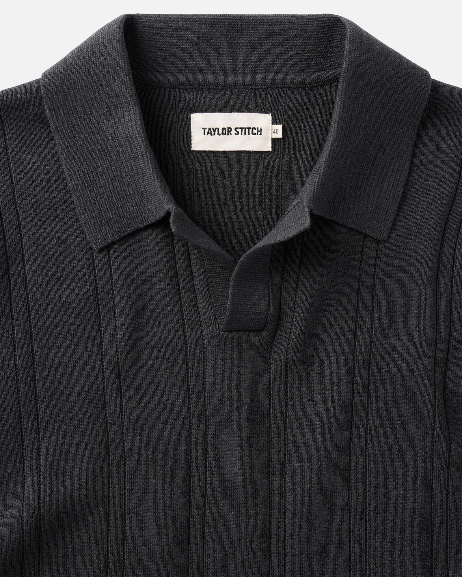 material shot of the collar on The Valencia Sweater Polo in Heather Coal Rib, Knits by Taylor Stitch