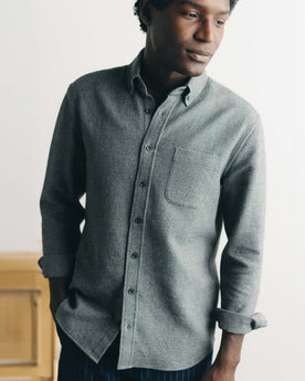 fit model showing off The Jack in Charcoal Twist Waffle, Wovens by Taylor Stitch