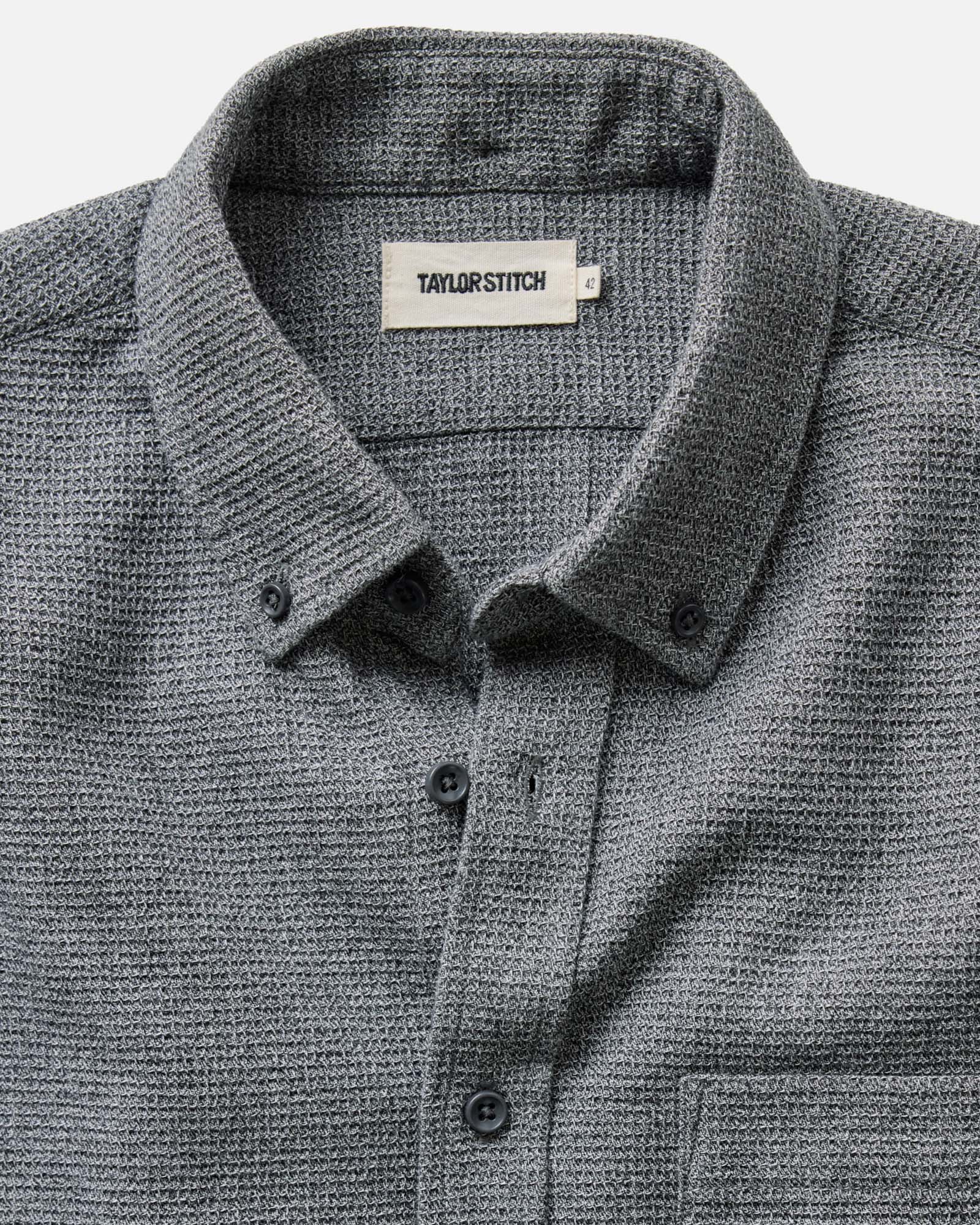 material shot of the collar on The Jack in Charcoal Twist Waffle, Wovens by Taylor Stitch