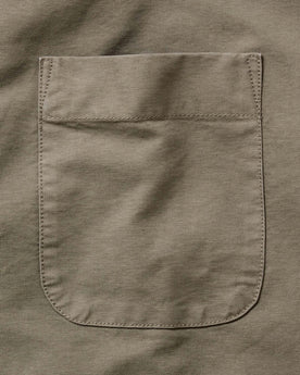 material shot of the back collar on The Jack in Smoked Olive Oxford, Wovens by Taylor Stitch