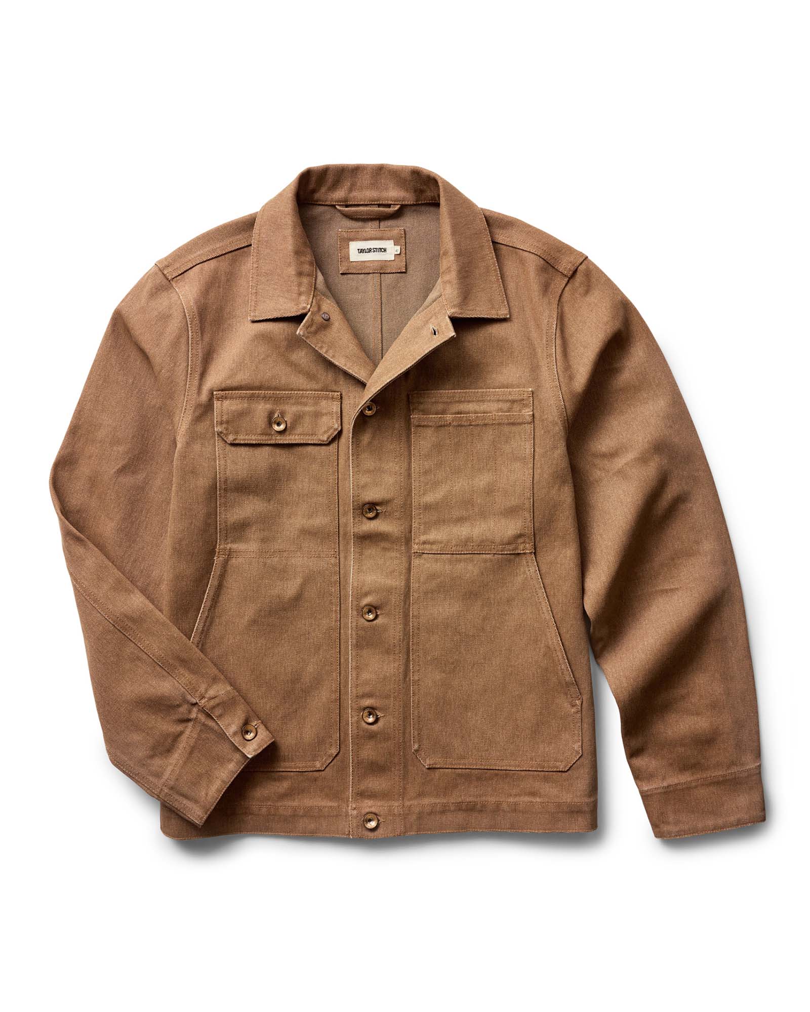 flatlay of The Longshore Jacket in Tobacco Chipped Canvas, Outerwear by Taylor Stitch