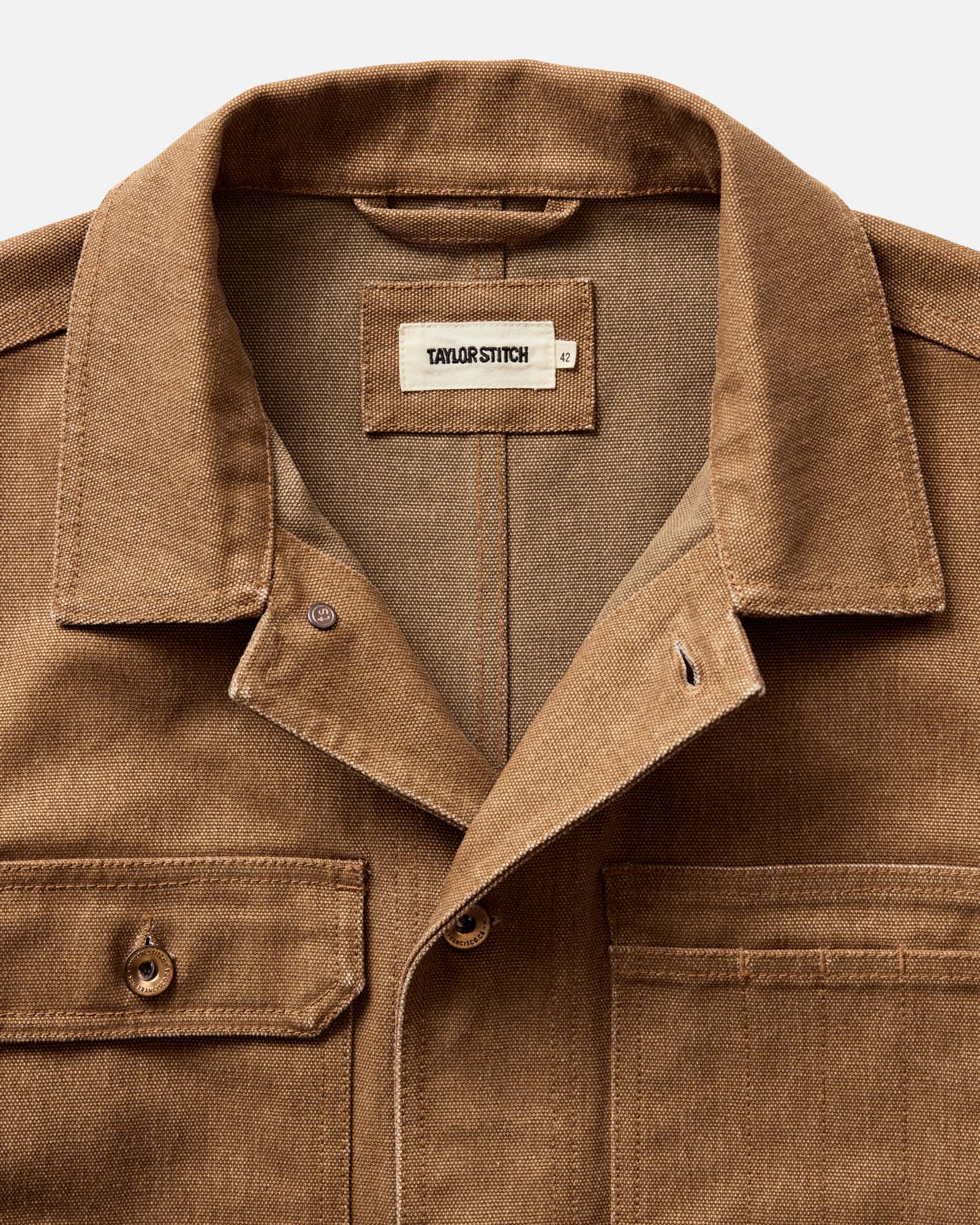 material shot of the collar on The Longshore Jacket in Tobacco Chipped Canvas, Outerwear by Taylor Stitch