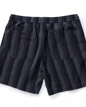 flatlay of The Apres Short in Indigo Stripe, shown from back, Bottoms by Taylor Stitch
