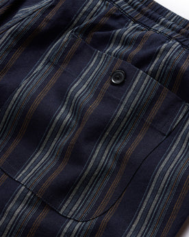 material shot of the rear button pocket on The Apres Short in Indigo Stripe, Bottoms by Taylor Stitch