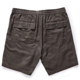 flatlay of The Apres Trail Short in Granite Double Cloth from the back, showing the back flap pockets