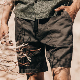 fit model in The Apres Trail Short in Granite Double Cloth