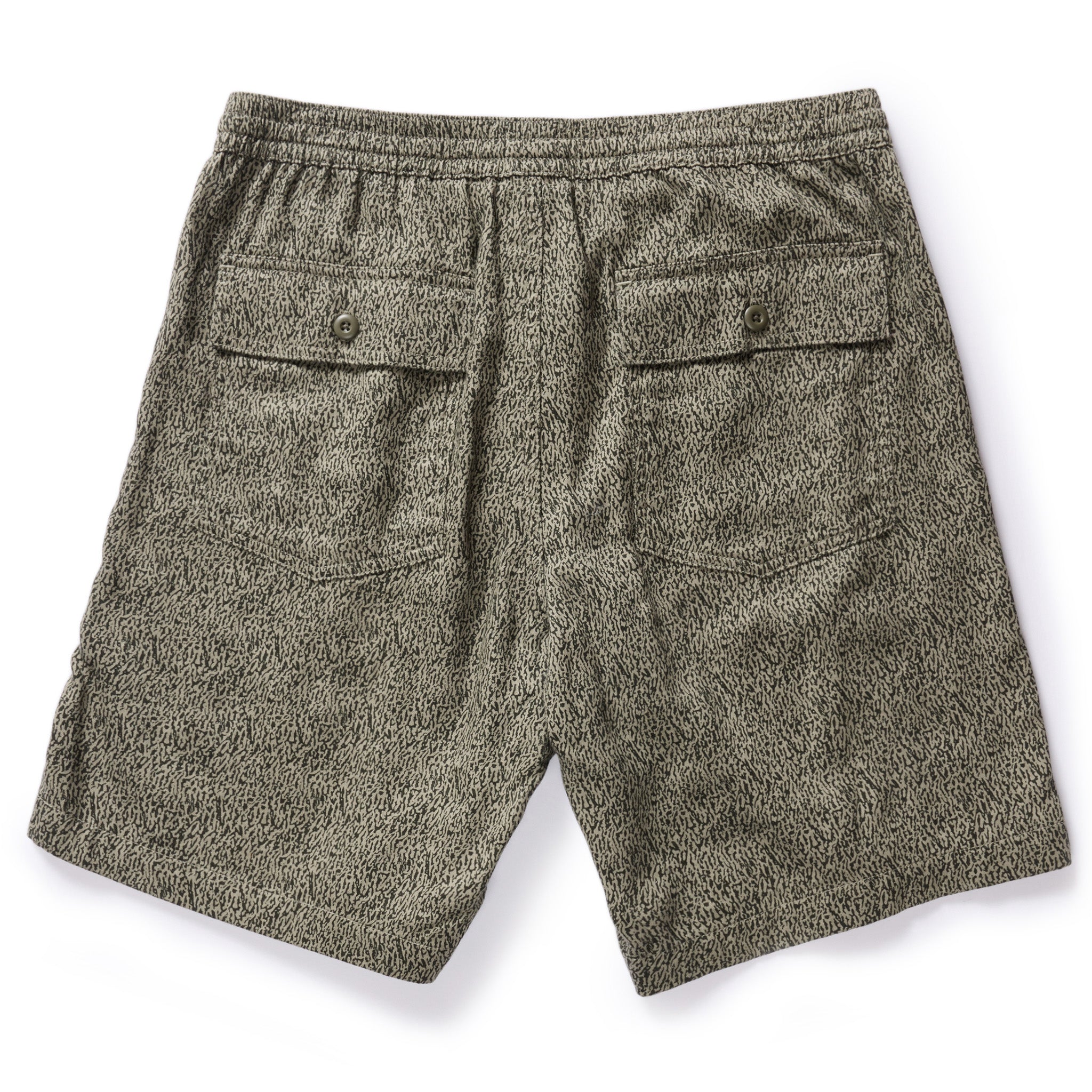 flatlay of The Apres Trail Short in Static Camo Double Cloth, shown from the back, Bottoms by Taylor Stitch