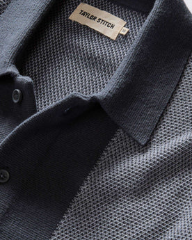 material shot of the collar on The Button Down Polo in Marine Seed Stitch, Knits by Taylor Stitch