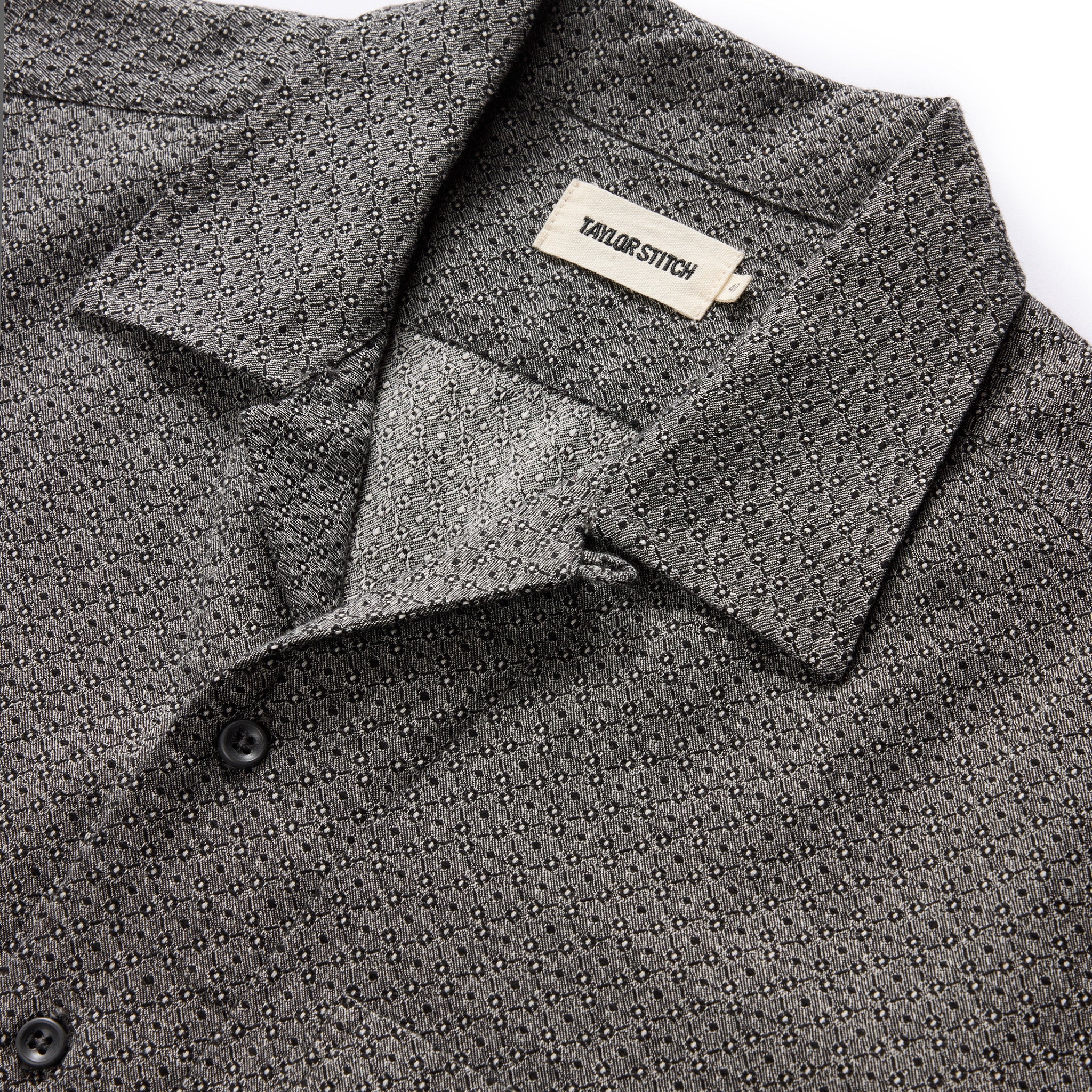 material shot of the camp collar on The Conrad in Black Indigo Jacquard Floral, Wovens by Taylor Stitch