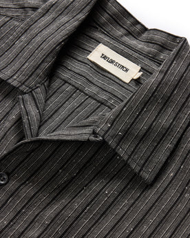 material shot of the camp collar on The Conrad in Black Indigo Slub Stripe, Wovens by Taylor Stitch