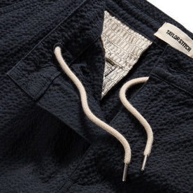 material shot of the internal drawcords on The Easy Short in Heather Navy Seersucker