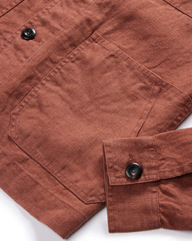 material shot of the pockets and horn buttons on The Embroidered Ojai in Dried Guajillo Hemp, Outerwear by Taylor Stitch