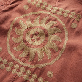 material shot of the embroidery on the back of The Embroidered Ojai in Dried Guajillo Hemp