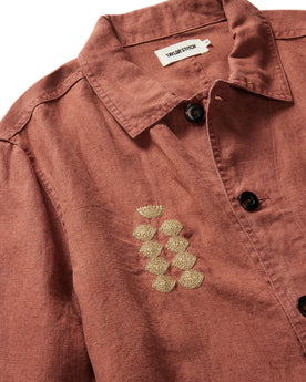 material shot of the embroidery on the right chest of The Embroidered Ojai in Dried Guajillo Hemp, Outerwear by Taylor Stitch