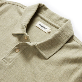 material shot of the collar on The Herringbone Polo in Heather Sage