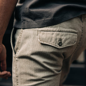 fit model showing the back flap pocket on The Matlow Short in Arid Eucalyptus Washed Herringbone