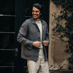 fit model buttoning The Ojai Jacket in Granite Hemp