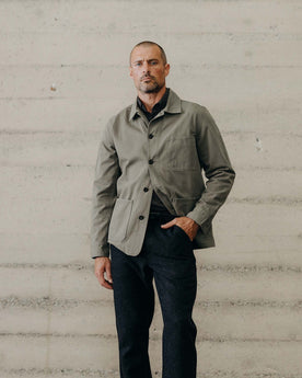 fit model posing in The Ojai Jacket in Organic Smoked Olive Foundation Twill, Outerwear by Taylor Stitch