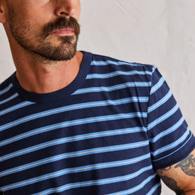 fit model showing the stripe pattern on The Organic Cotton Tee in Navy Stripe
