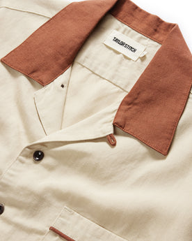 material shot of the collar on The Palmer Shirt in Dune, Wovens by Taylor Stitch