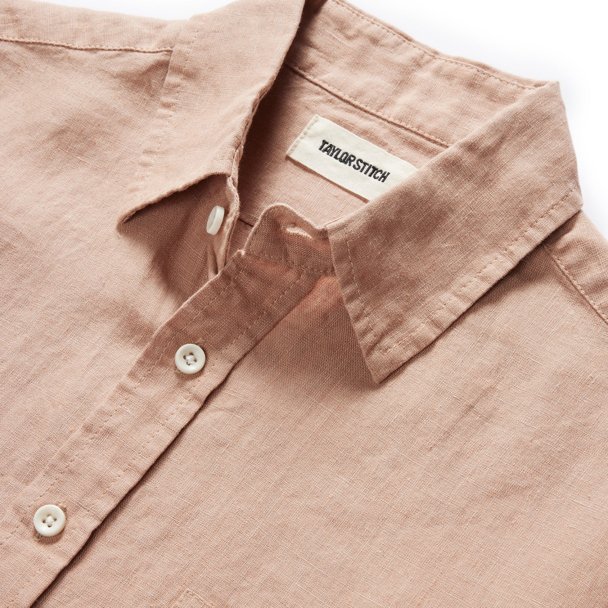 material shot of the collar on The Short Sleeve California in Clay Hemp, Wovens by Taylor Stitch