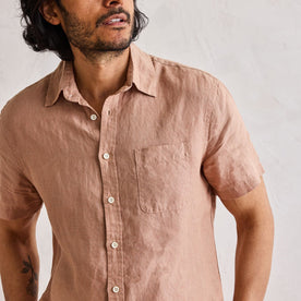 fit model showing the front of The Short Sleeve California in Clay Hemp