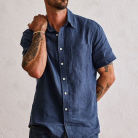 fit model in The Short Sleeve California in Navy Hemp