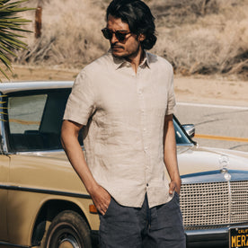 fit model in The Short Sleeve California in Sage Hemp