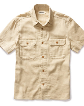flatlay of The Short Sleeve Officer Shirt in Dune Double Cloth, Wovens by Taylor Stitch