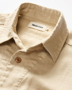 material shot of the collar on The Short Sleeve Officer Shirt in Dune Double Cloth, Wovens by Taylor Stitch