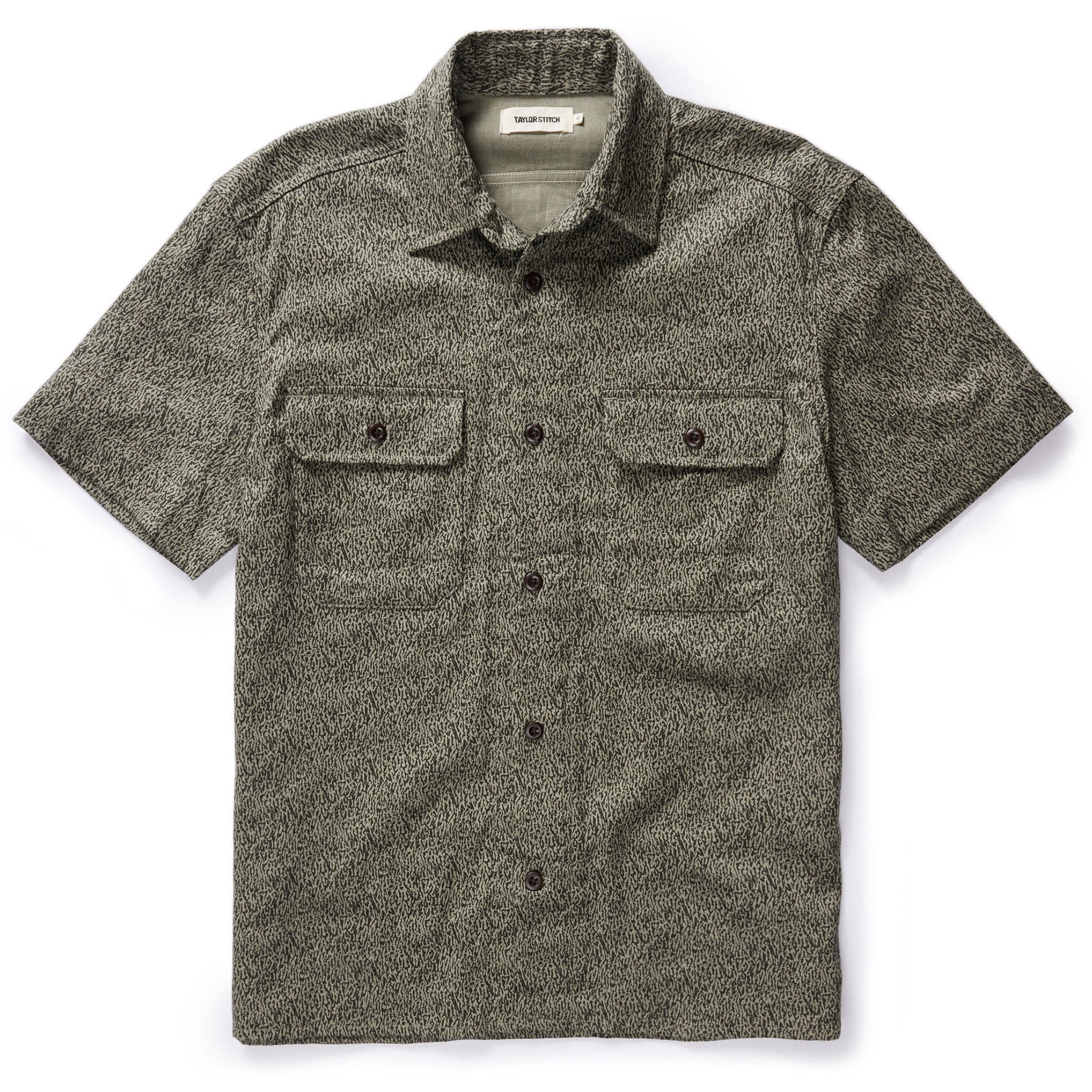 flatlay of The Short Sleeve Officer Shirt in Static Camo Double Cloth, Wovens by Taylor Stitch