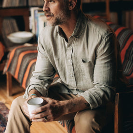 fit model sitting in The Jack in Arid Eucalyptus Linen