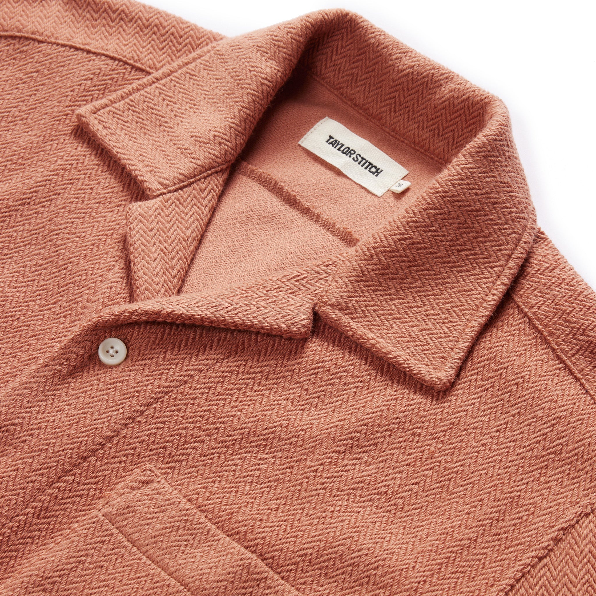 material shot of the camp collar on The Latigo Shirt in Copper Herringbone, Knits by Taylor Stitch