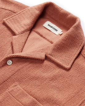 material shot of the camp collar on The Latigo Shirt in Copper Herringbone, Knits by Taylor Stitch