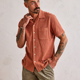 fit model in The Latigo Shirt in Copper Herringbone
