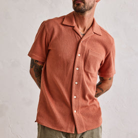 fit model showing the herringbone texture and camp collar on The Latigo Shirt in Copper Herringbone