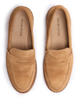 material shot of the tops of The Loafer in Tan Suede, Footwear by Taylor Stitch