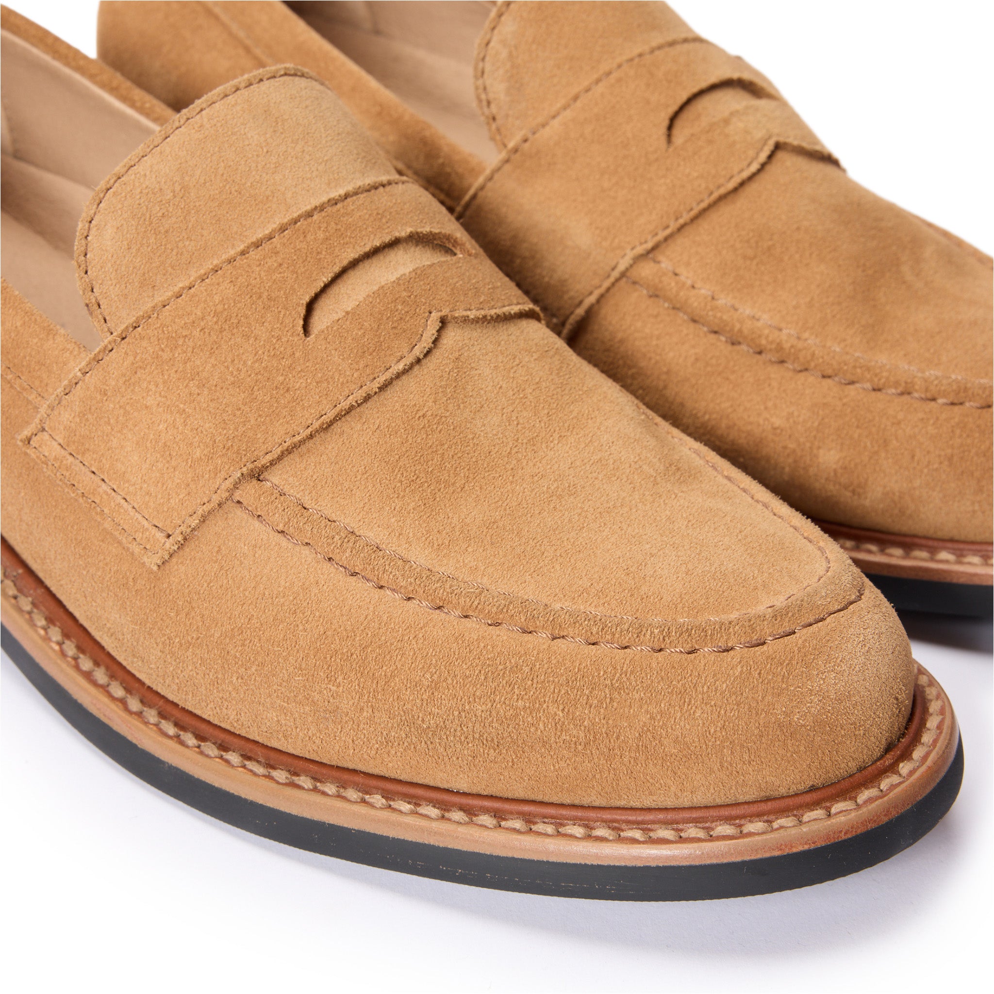 material shot of the front stitching on The Loafer in Tan Suede, Footwear by Taylor Stitch